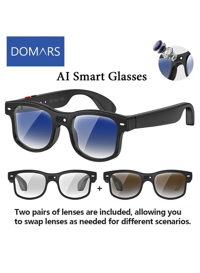 دومرز‌ نظارات Domars AI الذكية المزودة بكاميرا وبلوتوث، نظارات بكاميرا 8 ميجابكسل 1080P HD، تحكم صوتي بالذكاء الاصطناعي، التعرف على الصور والترجمة بالذكاء الاصطناعي، نظارات ذكية مضادة للضوء الأزرق، نظارات شمسية ذكية مزودة ببلوتوث للقيادة، للاستخدام في الهواء الطلق، +2 عدسات. أسود - Image 1